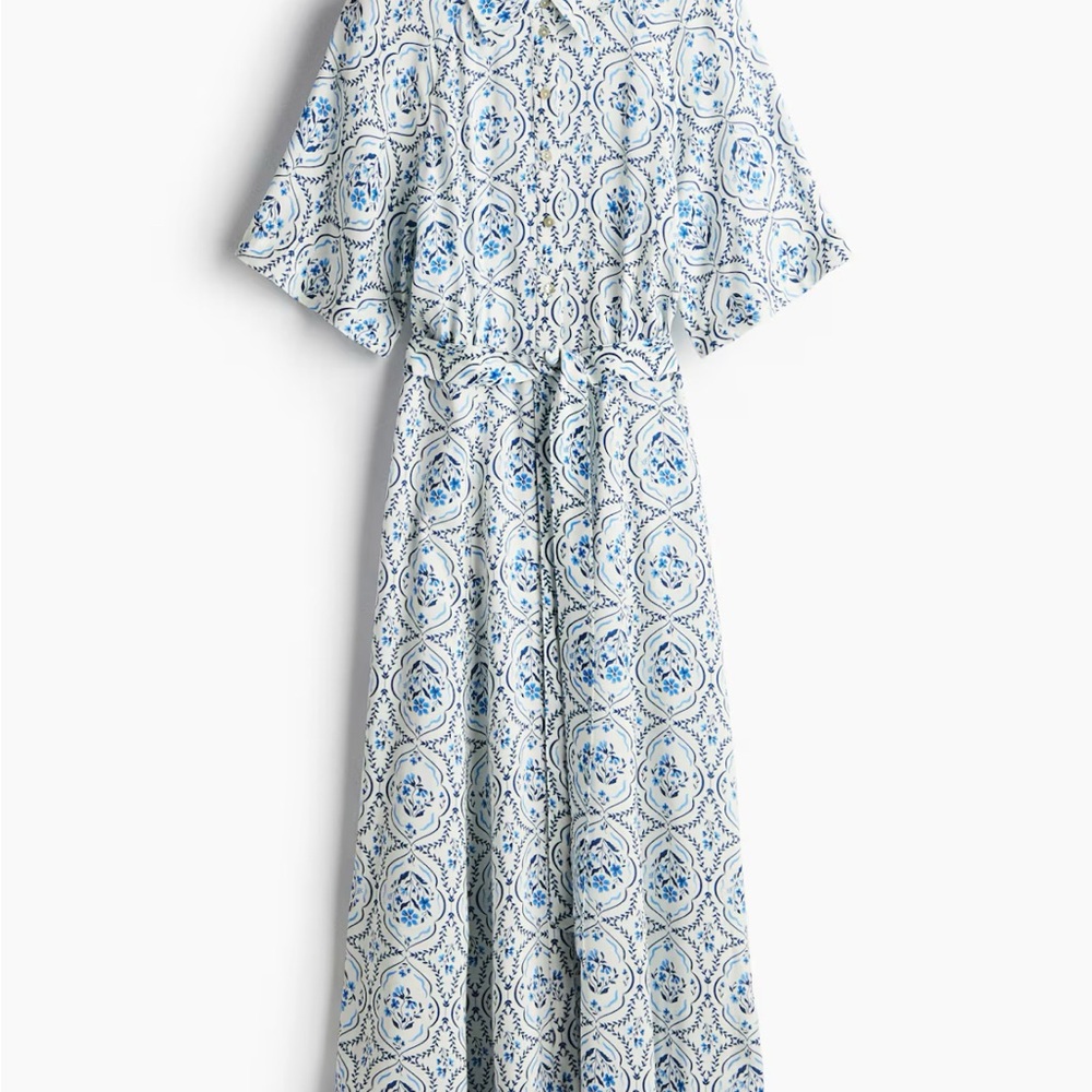 H&M Blue and White Maxi Tie Shirt Dress